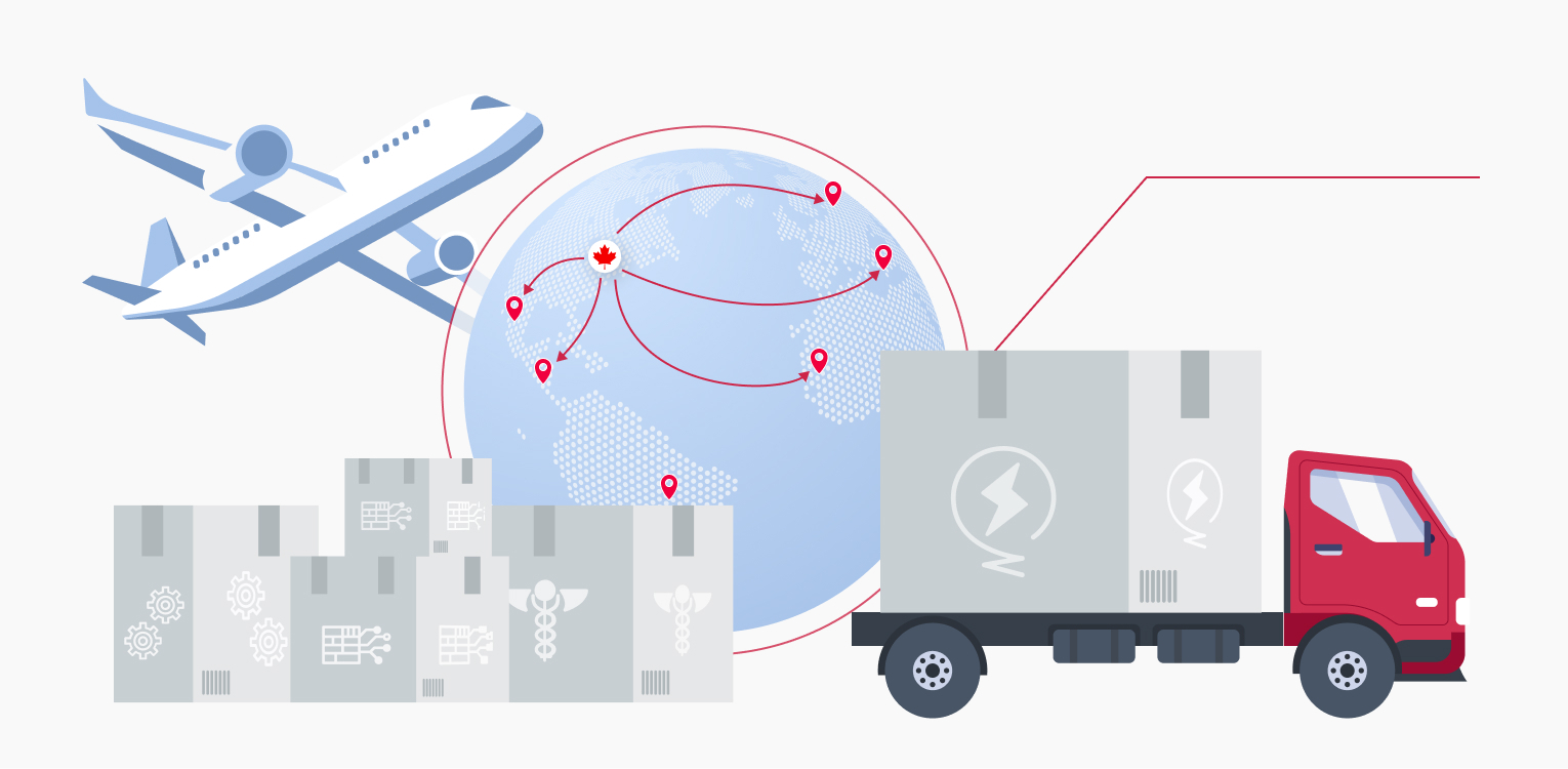 Graphic of airplane, transportation truck, and globe (Manufacturing)